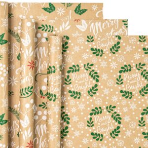 WRAPAHOLIC Kraft Christmas Wrapping Paper Roll - Mini Roll - 3 Rolls - 17 Inch X 120 Inch Per Roll - Christmas Wreath Leaves and Merry Christmas Lettering Holiday Collection