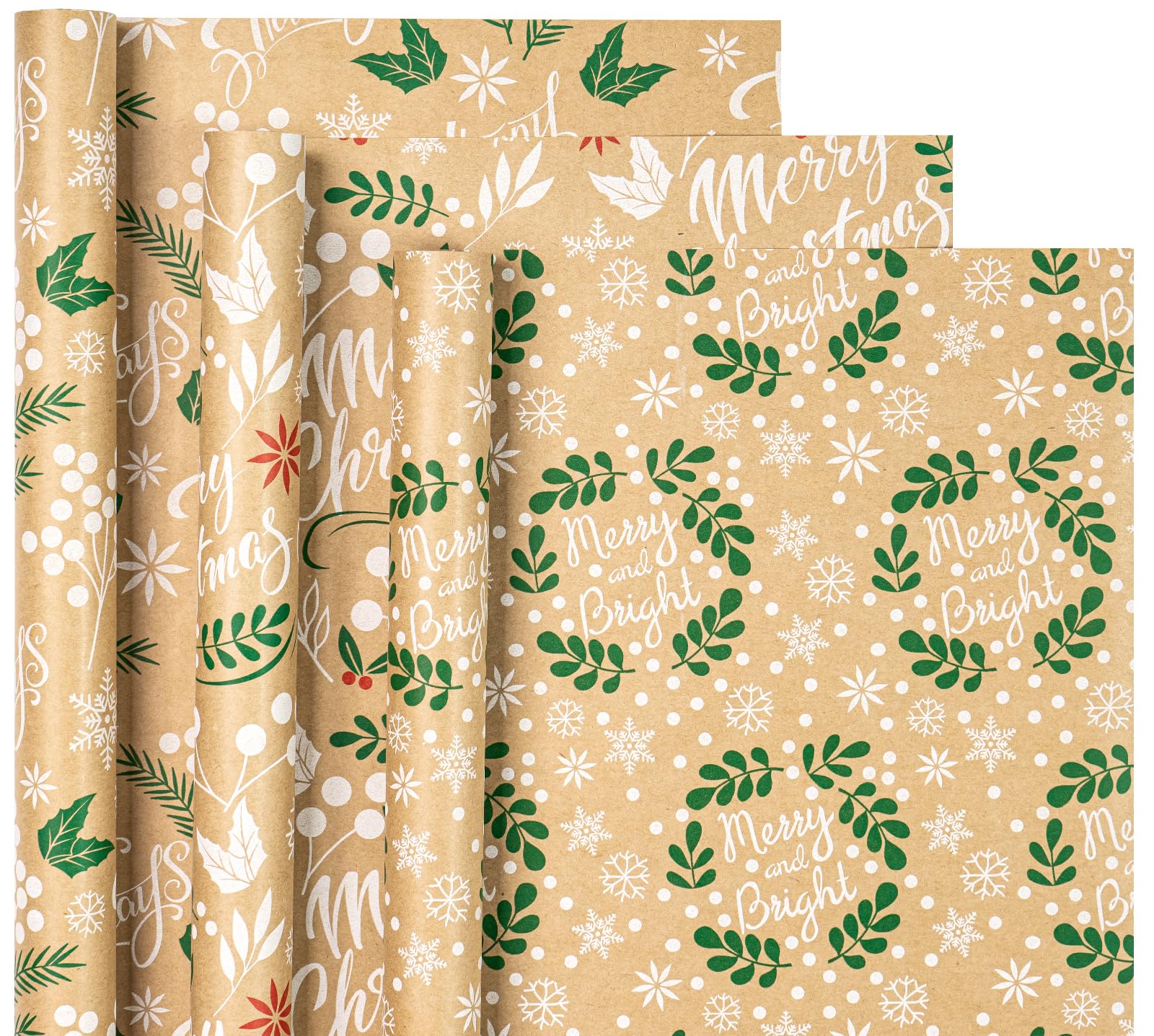 WRAPAHOLIC Kraft Christmas Wrapping Paper Roll - Mini Roll - 3 Rolls - 17 Inch X 120 Inch Per Roll - Christmas Wreath Leaves and Merry Christmas Lettering Holiday Collection