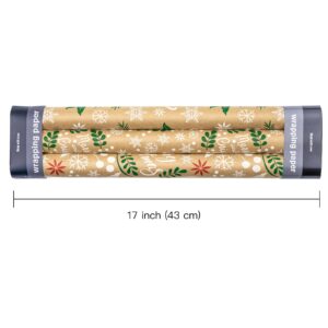 WRAPAHOLIC Kraft Christmas Wrapping Paper Roll - Mini Roll - 3 Rolls - 17 Inch X 120 Inch Per Roll - Christmas Wreath Leaves and Merry Christmas Lettering Holiday Collection