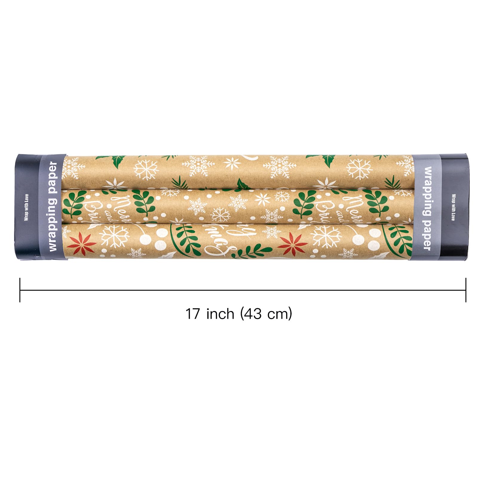 WRAPAHOLIC Kraft Christmas Wrapping Paper Roll - Mini Roll - 3 Rolls - 17 Inch X 120 Inch Per Roll - Christmas Wreath Leaves and Merry Christmas Lettering Holiday Collection