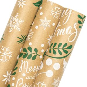 WRAPAHOLIC Kraft Christmas Wrapping Paper Roll - Mini Roll - 3 Rolls - 17 Inch X 120 Inch Per Roll - Christmas Wreath Leaves and Merry Christmas Lettering Holiday Collection