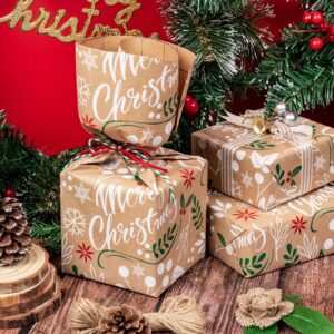 WRAPAHOLIC Kraft Christmas Wrapping Paper - Mini Roll - 17 Inch X 33 Feet - Merry Christmas Lettering with Christmas Leaves Design for Chrsitmas, Holiday, Party Celebration