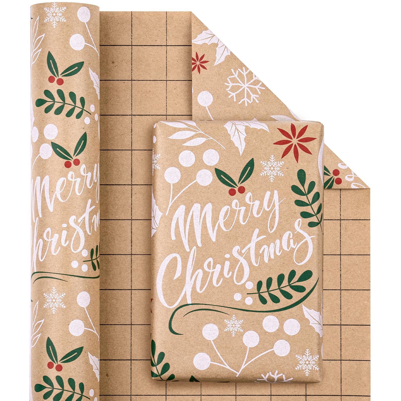 WRAPAHOLIC Kraft Christmas Wrapping Paper - Mini Roll - 17 Inch X 33 Feet - Merry Christmas Lettering with Christmas Leaves Design for Chrsitmas, Holiday, Party Celebration