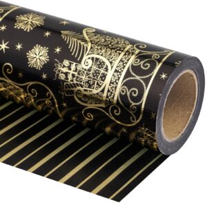 WRAPAHOLIC Reversible Christmas Wrapping Paper - Mini Roll - 17 Inch X 33 Feet - Black and Gold Christmas Sleigh and Stripe with Metallic Foil for Chrsitmas, Holiday, Party Celebration