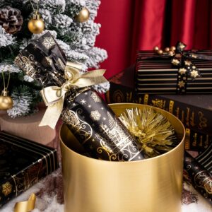 WRAPAHOLIC Reversible Christmas Wrapping Paper - Mini Roll - 17 Inch X 33 Feet - Black and Gold Christmas Sleigh and Stripe with Metallic Foil for Chrsitmas, Holiday, Party Celebration