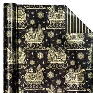 WRAPAHOLIC Reversible Christmas Wrapping Paper - Mini Roll - 17 Inch X 33 Feet - Black and Gold Christmas Sleigh and Stripe with Metallic Foil for Chrsitmas, Holiday, Party Celebration