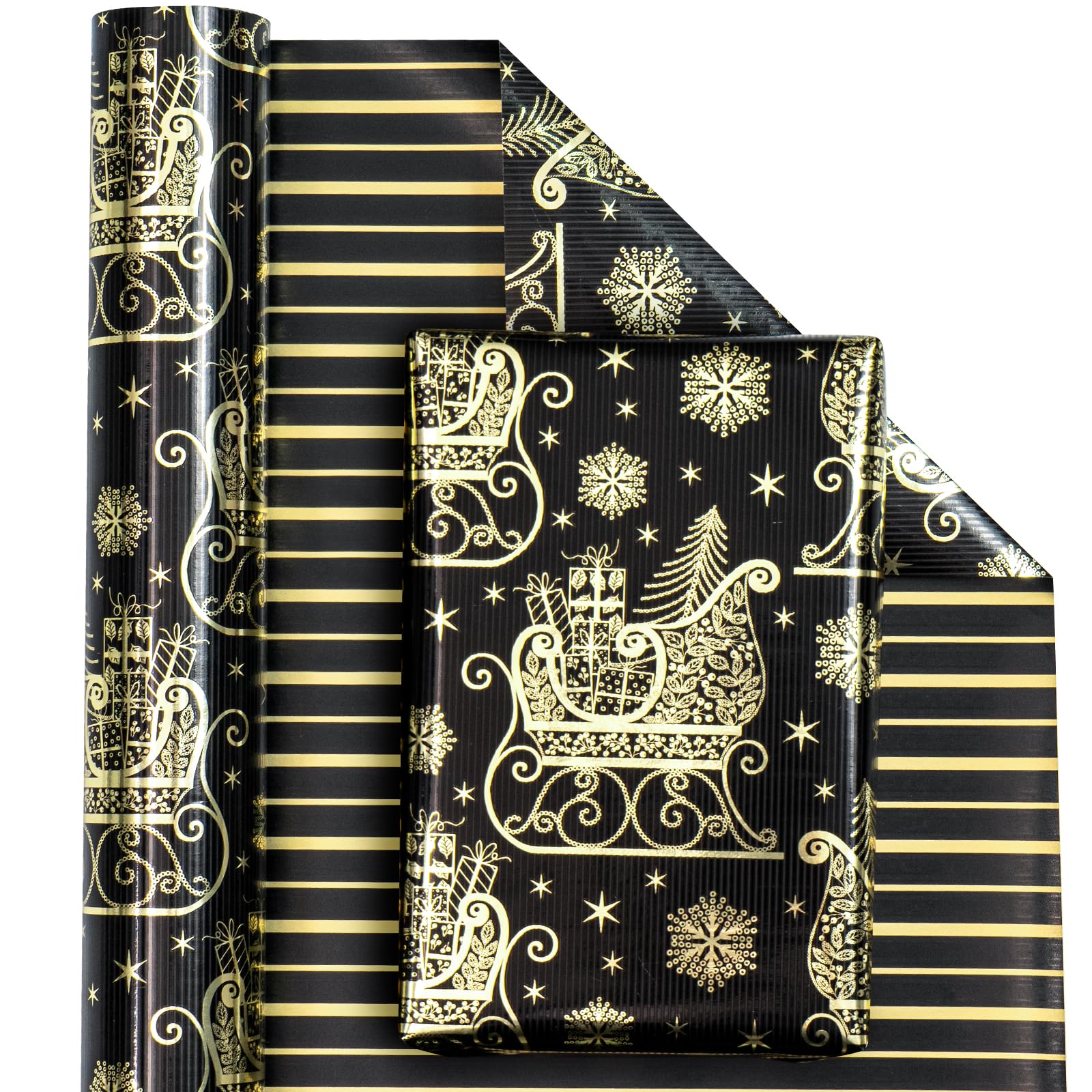 WRAPAHOLIC Reversible Christmas Wrapping Paper - Mini Roll - 17 Inch X 33 Feet - Black and Gold Christmas Sleigh and Stripe with Metallic Foil for Chrsitmas, Holiday, Party Celebration