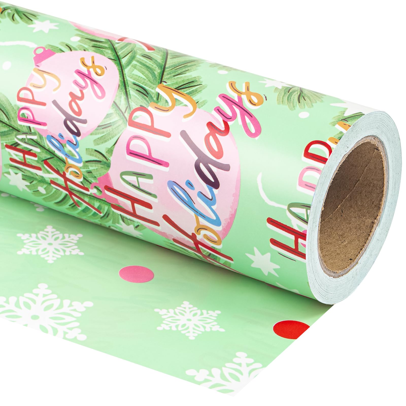 WRAPAHOLIC Reversible Christmas Wrapping Paper - Mini Roll - 17 Inch X 33 Feet - Happy Holiday Lettering with Christmas Ball Design for Chrsitmas, Holiday, Party Celebration