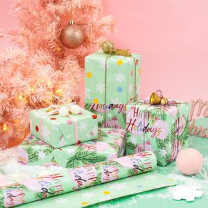 WRAPAHOLIC Reversible Christmas Wrapping Paper - Mini Roll - 17 Inch X 33 Feet - Happy Holiday Lettering with Christmas Ball Design for Chrsitmas, Holiday, Party Celebration