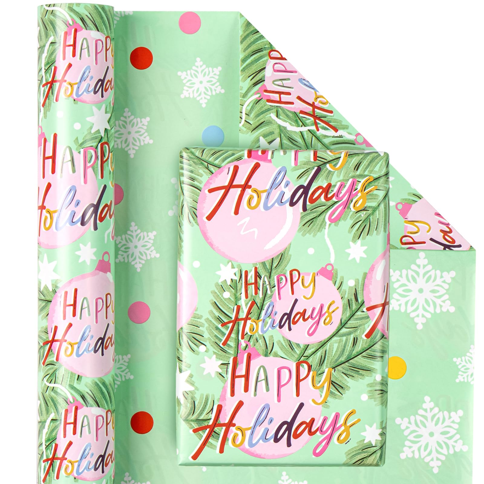 WRAPAHOLIC Reversible Christmas Wrapping Paper - Mini Roll - 17 Inch X 33 Feet - Happy Holiday Lettering with Christmas Ball Design for Chrsitmas, Holiday, Party Celebration