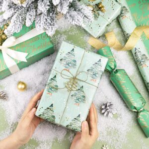 WRAPAHOLIC Reversible Christmas Wrapping Paper - Mini Roll - 17 Inch X 33 Feet - Watercolor Green Christmas Tree and Merry Christmas with Metallic Foil Shine for Holiday, Party, Celebration