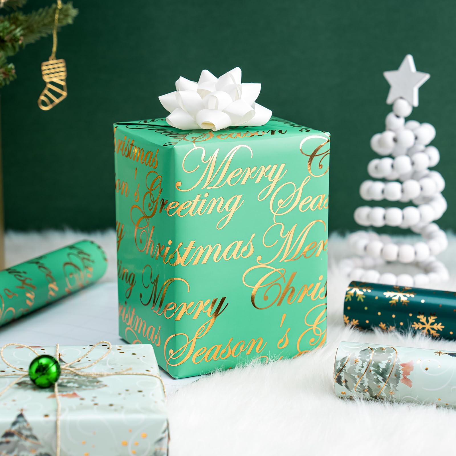 WRAPAHOLIC Reversible Christmas Wrapping Paper - Mini Roll - 17 Inch X 33 Feet - Watercolor Green Christmas Tree and Merry Christmas with Metallic Foil Shine for Holiday, Party, Celebration