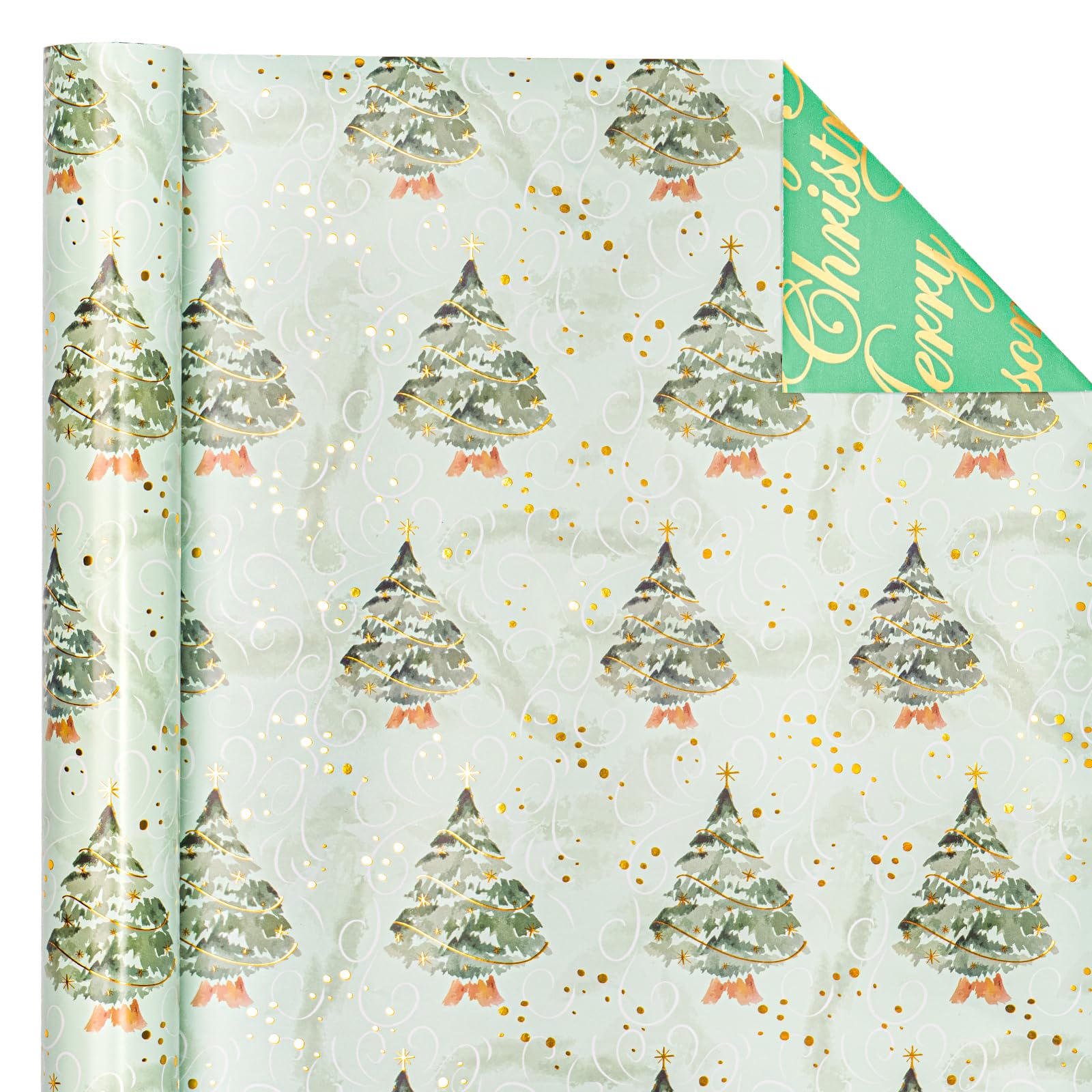 WRAPAHOLIC Reversible Christmas Wrapping Paper - Mini Roll - 17 Inch X 33 Feet - Watercolor Green Christmas Tree and Merry Christmas with Metallic Foil Shine for Holiday, Party, Celebration