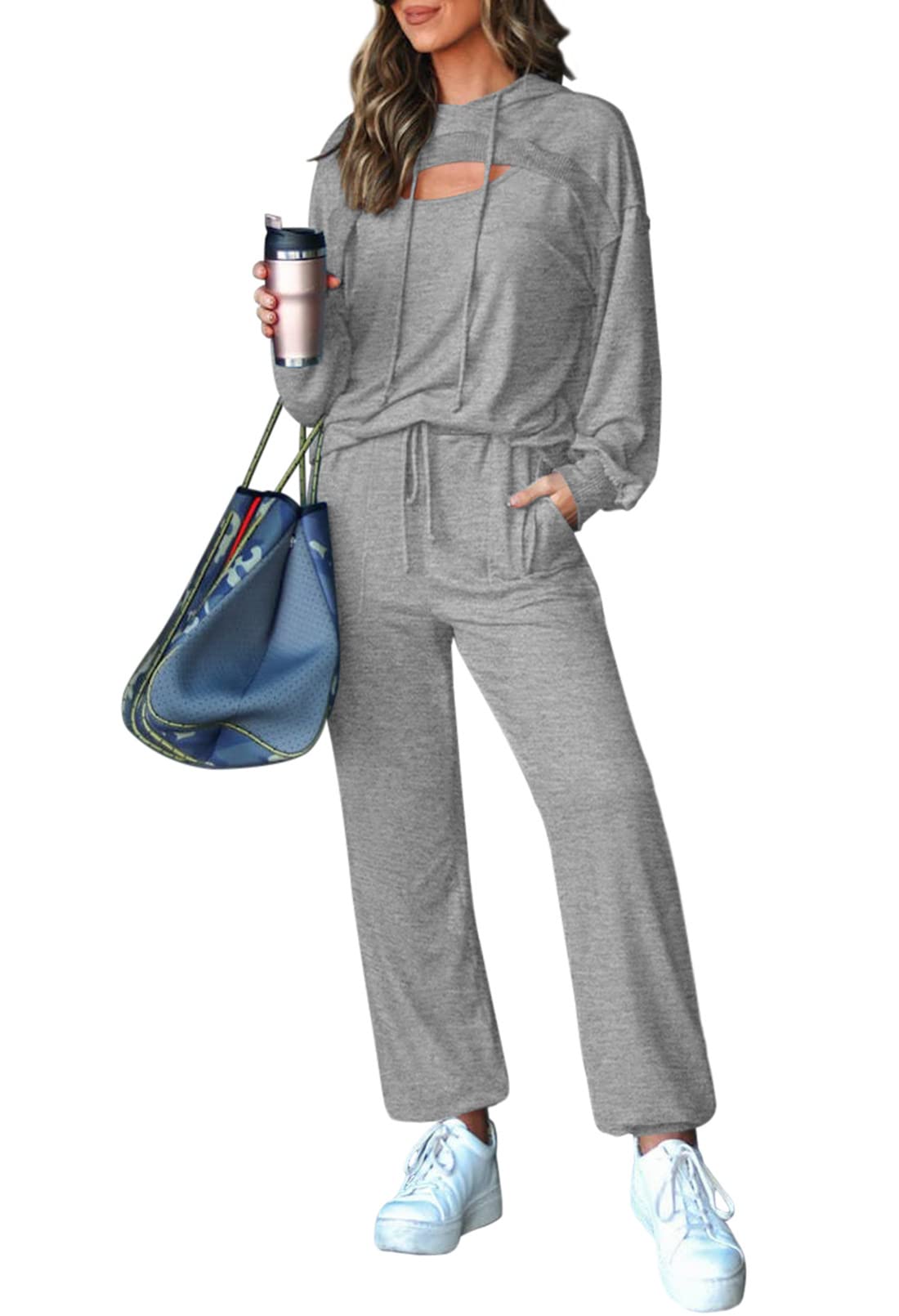 Pink Queen Women's Two Piece Lounge Set Sweatsuits Casual Fall Cutout Pullover Hoodies Tracksuit Ladies Running Active Drawstring Pants With Pockets Light Grey L