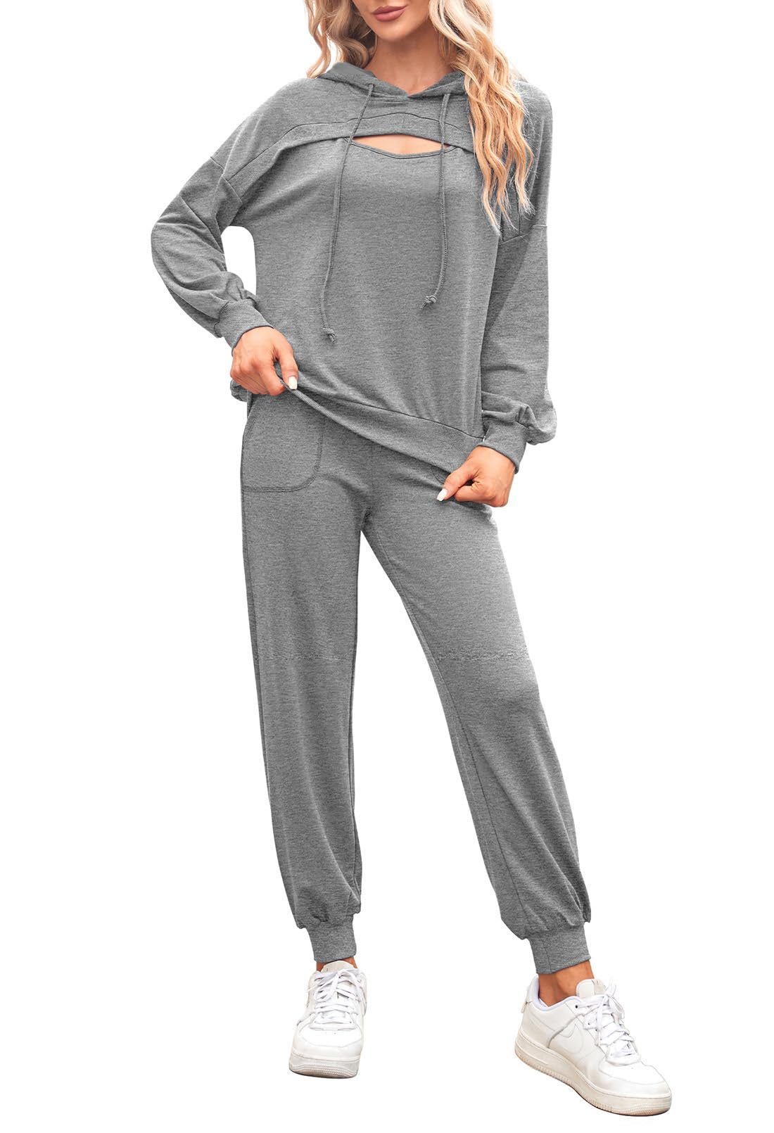 Pink Queen Women's Two Piece Lounge Set Sweatsuits Casual Fall Cutout Pullover Hoodies Tracksuit Ladies Running Active Drawstring Pants With Pockets Light Grey L