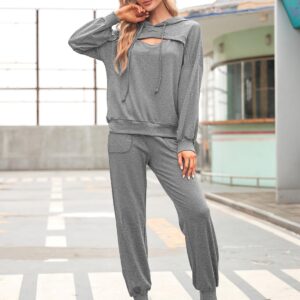 Pink Queen Women's Two Piece Lounge Set Sweatsuits Casual Fall Cutout Pullover Hoodies Tracksuit Ladies Running Active Drawstring Pants With Pockets Light Grey L