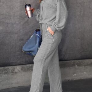 Pink Queen Women's Two Piece Lounge Set Sweatsuits Casual Fall Cutout Pullover Hoodies Tracksuit Ladies Running Active Drawstring Pants With Pockets Light Grey L