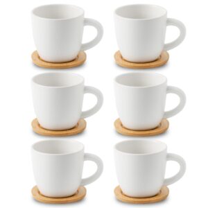 Hasense 8 oz Cappuccino Cups with Saucers set of 6, Porcelain Coffee Mugs Latte Mugs with Handle Perfect for Double Shot, Americano, Milk and Tea, White