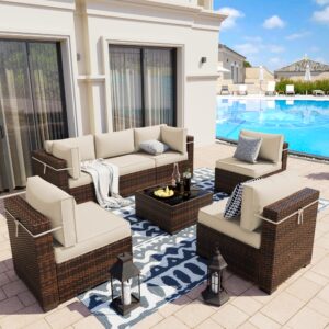 UDPATIO Patio Furniture Sets, Modular Rattan Outdoor Patio Sectional Furniture Sofa Set, Wicker Patio Conversation Set for Backyard, Deck w/Glass Table, 7PC Brown/Cream (Include Sofa Cover)