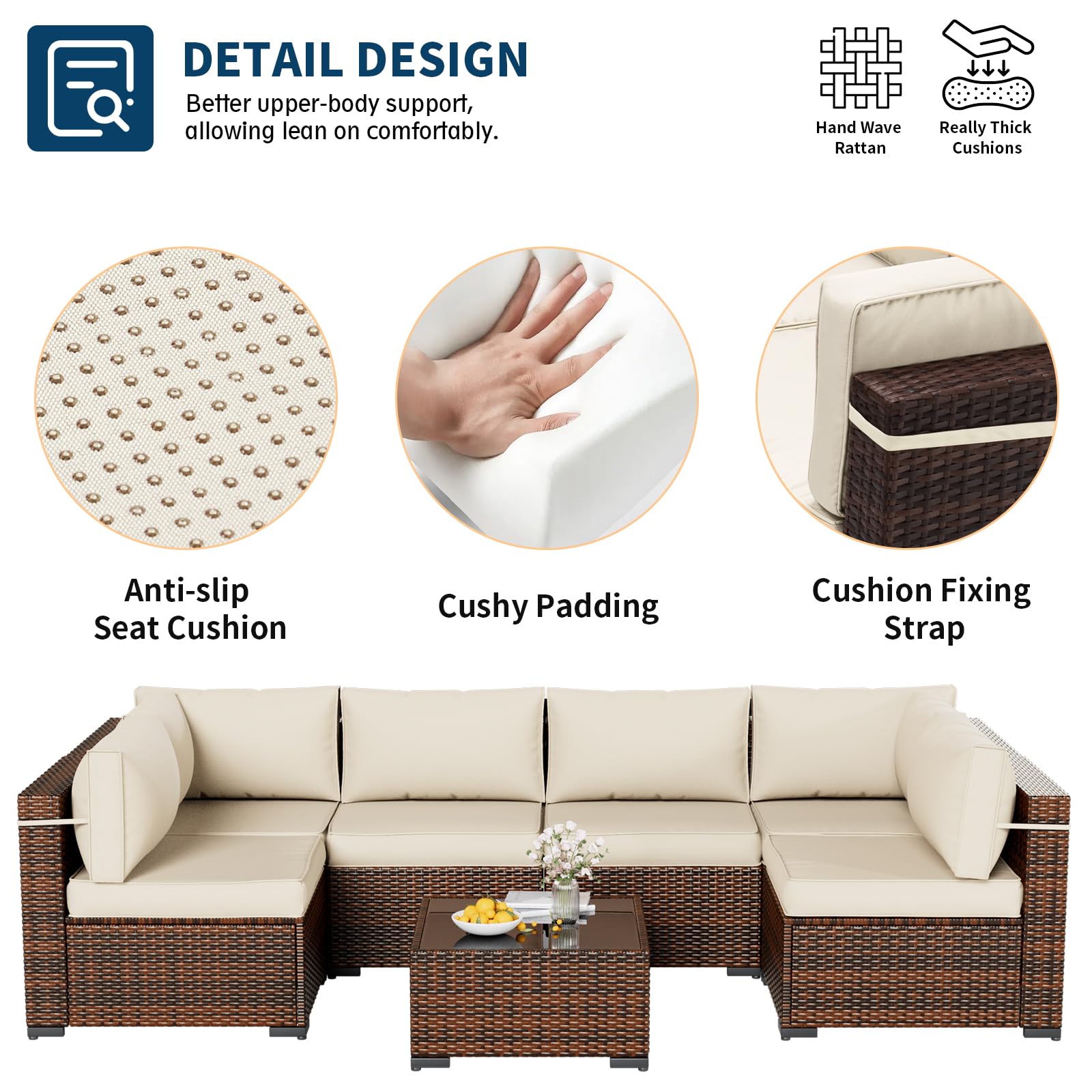 UDPATIO Patio Furniture Sets, Modular Rattan Outdoor Patio Sectional Furniture Sofa Set, Wicker Patio Conversation Set for Backyard, Deck w/Glass Table, 7PC Brown/Cream (Include Sofa Cover)