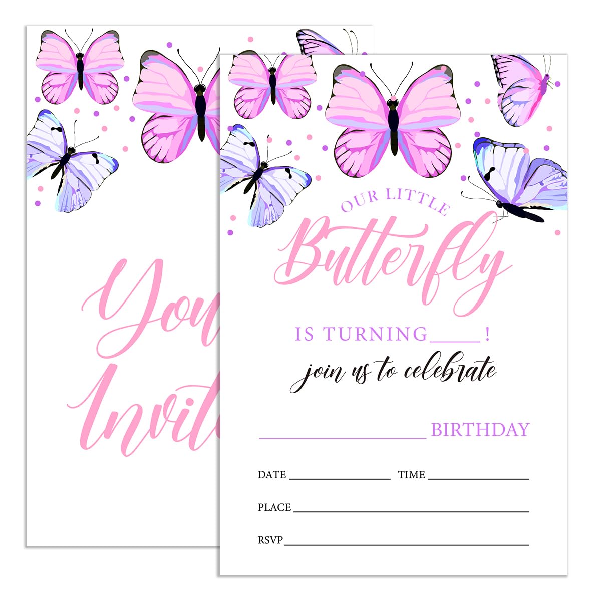 UDNADKEX Butterfly Birthday Invitations for Girl with Envelopes, Invites for Birthday Party Purple Butterfly, Butterfly Birthday Party Invite Cards, Our Little Butterfly, 4"x6" Set of 20