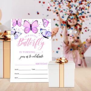 UDNADKEX Butterfly Birthday Invitations for Girl with Envelopes, Invites for Birthday Party Purple Butterfly, Butterfly Birthday Party Invite Cards, Our Little Butterfly, 4"x6" Set of 20