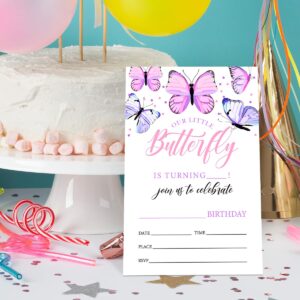 UDNADKEX Butterfly Birthday Invitations for Girl with Envelopes, Invites for Birthday Party Purple Butterfly, Butterfly Birthday Party Invite Cards, Our Little Butterfly, 4"x6" Set of 20