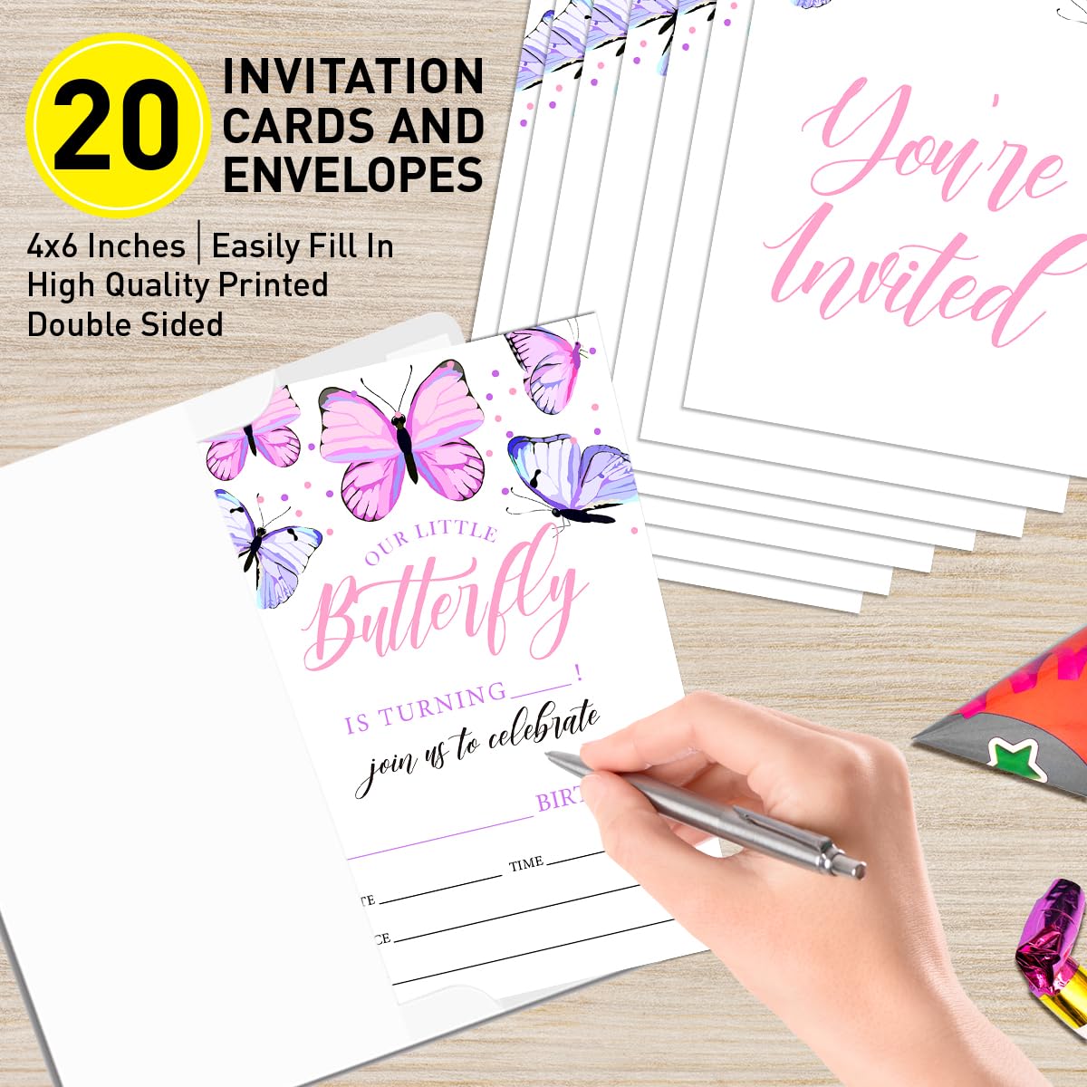 UDNADKEX Butterfly Birthday Invitations for Girl with Envelopes, Invites for Birthday Party Purple Butterfly, Butterfly Birthday Party Invite Cards, Our Little Butterfly, 4"x6" Set of 20