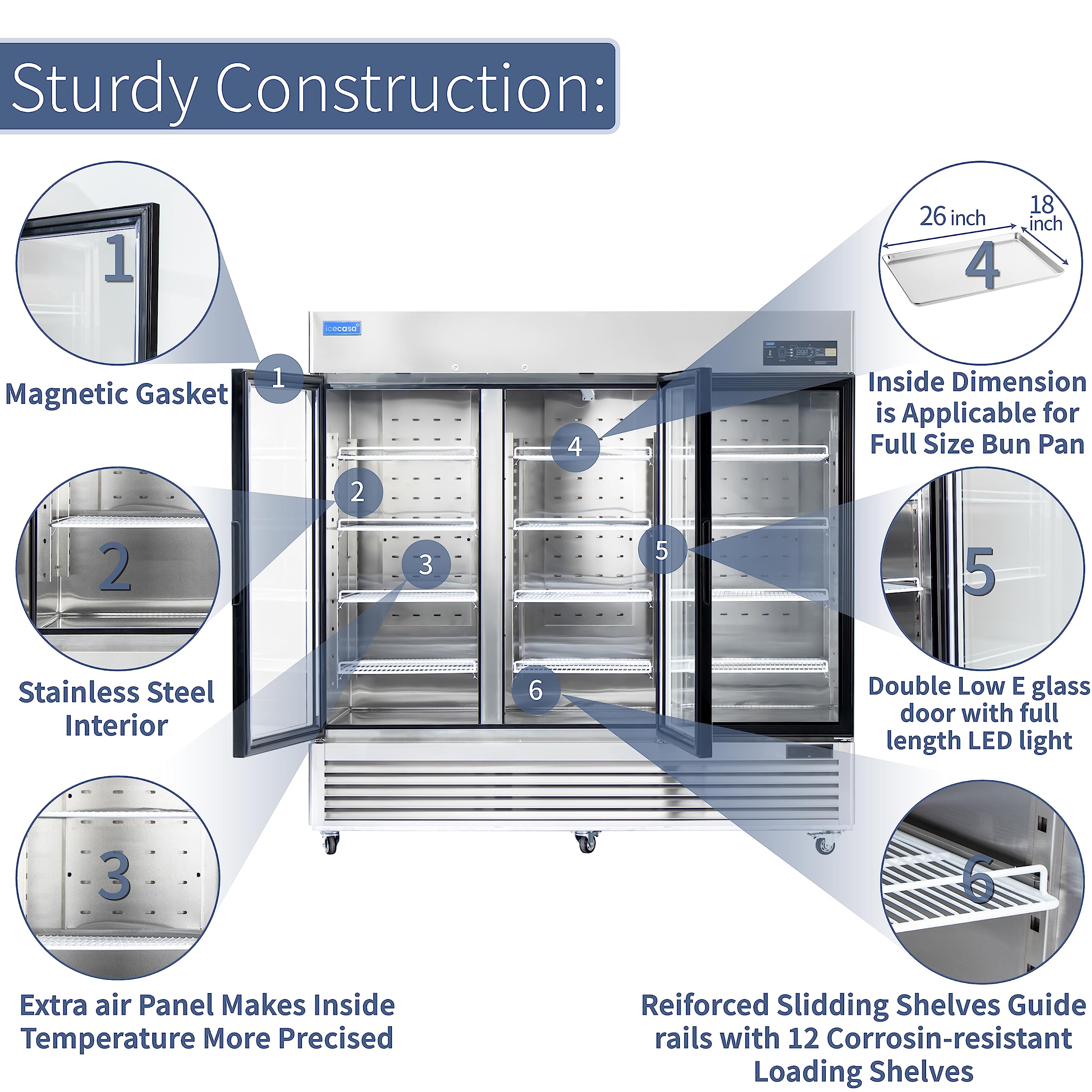 ICECASA 82" W Commercial Display Refrigerator 3 Glass Door Merchandiser Reach-in 72 Cu.ft Stainless Steel Display Refrigerator Fan Cooling for Restuarant, Bar, Shop, etc