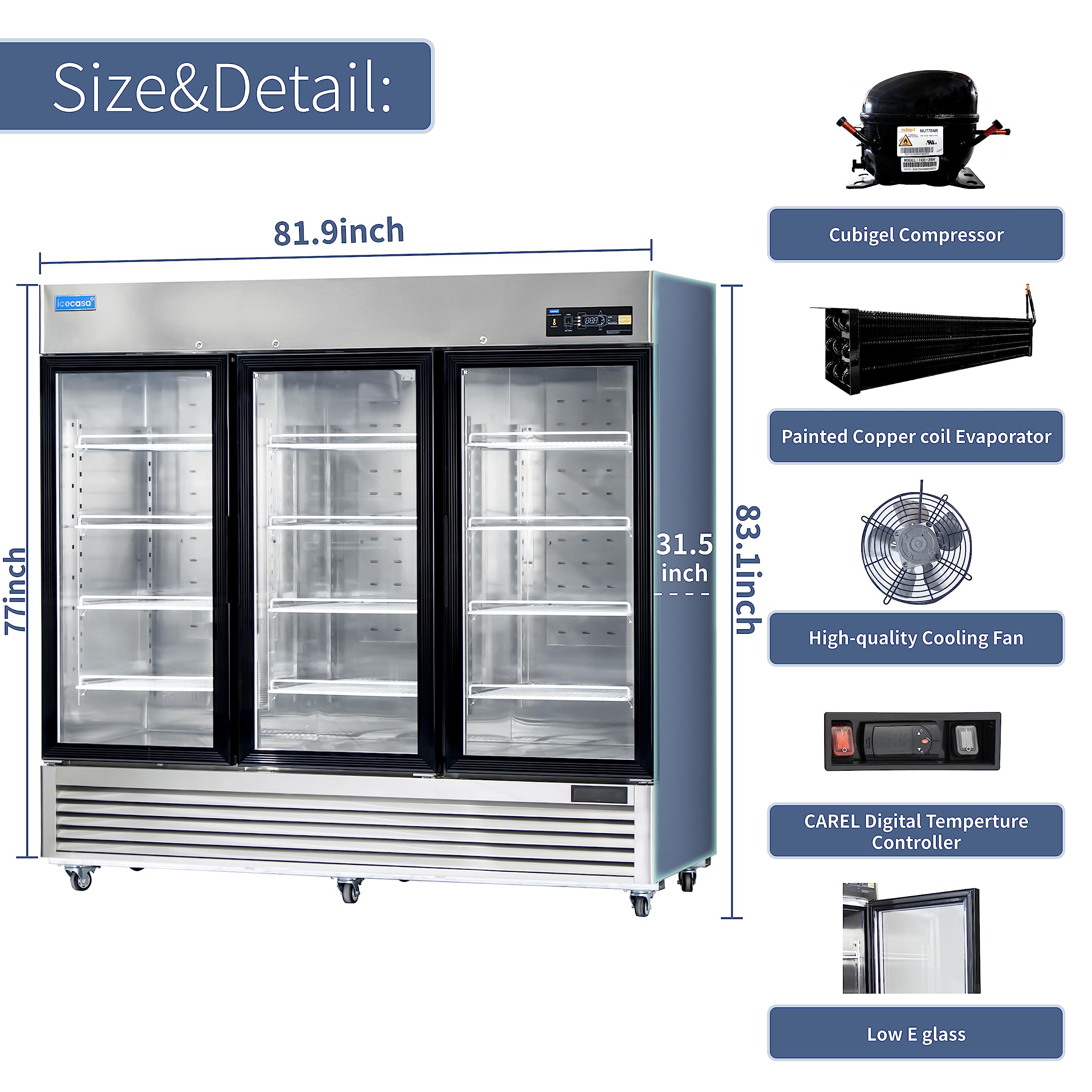 ICECASA 82" W Commercial Display Refrigerator 3 Glass Door Merchandiser Reach-in 72 Cu.ft Stainless Steel Display Refrigerator Fan Cooling for Restuarant, Bar, Shop, etc