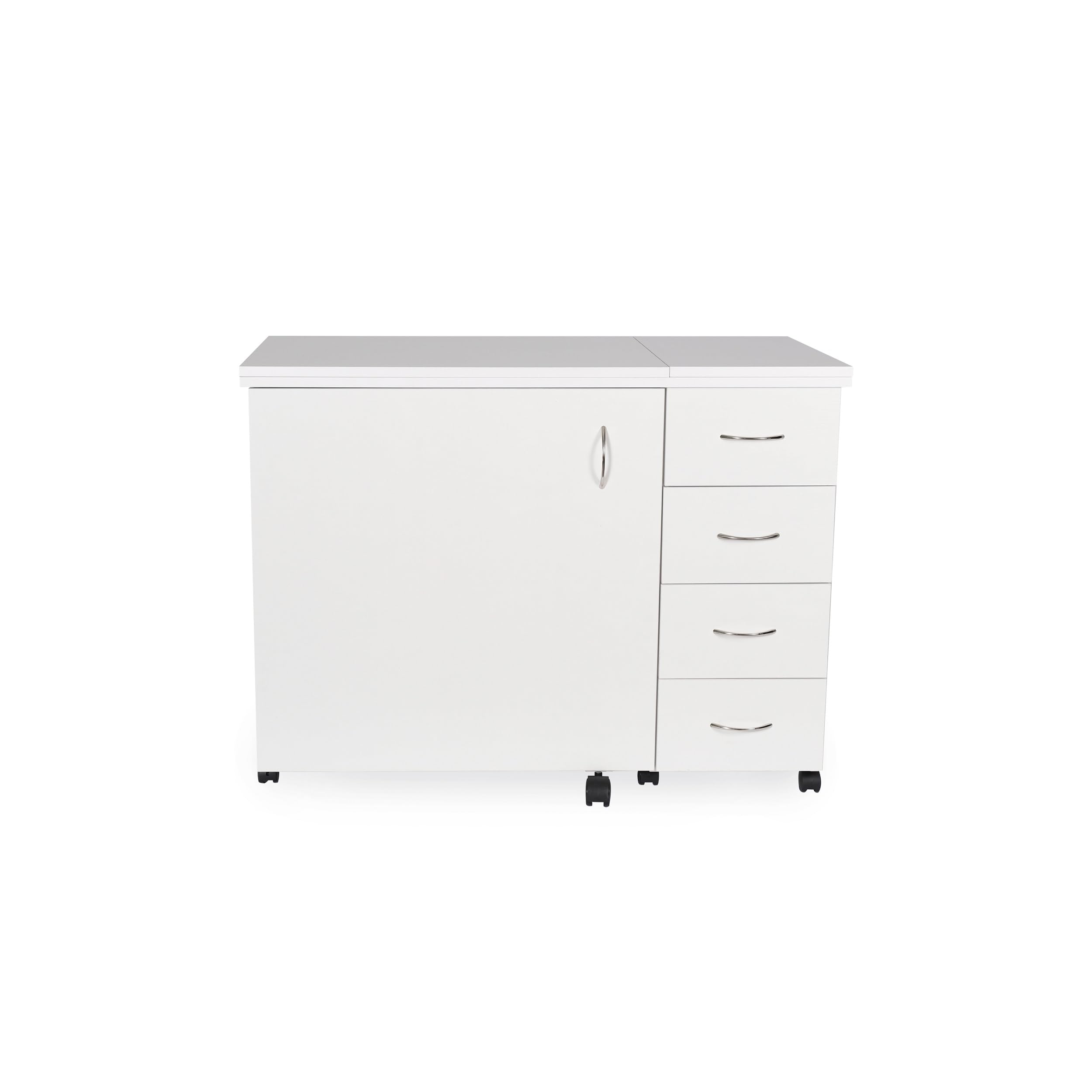 Arrow Classic Sewing Furniture Harriet Full-Size Sewing Cabinet with Hydraulic Machine Lift, Drawers, Expandable Leaves, Locking Wheels - Ash White