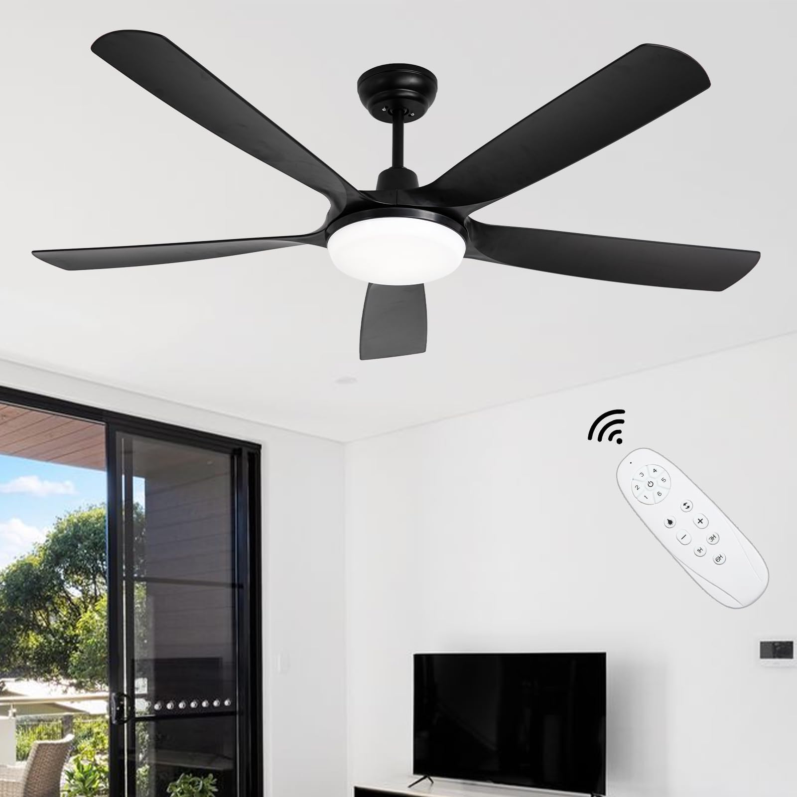 Viossn Ceiling Fan with Lights, 56 Inch Outdoor Ceiling Fan with light 5 Reversible Blades,Dimmable, Black Ceiling Fan with Remote Control for Bedroom Living Room Patio