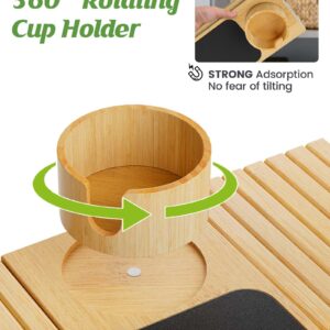 BS-VOG Couch Cup Holder, Bamboo Couch Arm Tray with 360° Rotating Drink Holder, Foldable Anti-slip Couch Arm Table, Sofa Armrest Tray Clip on Wide Couches for Eating, Snacks, Remote, No Installation