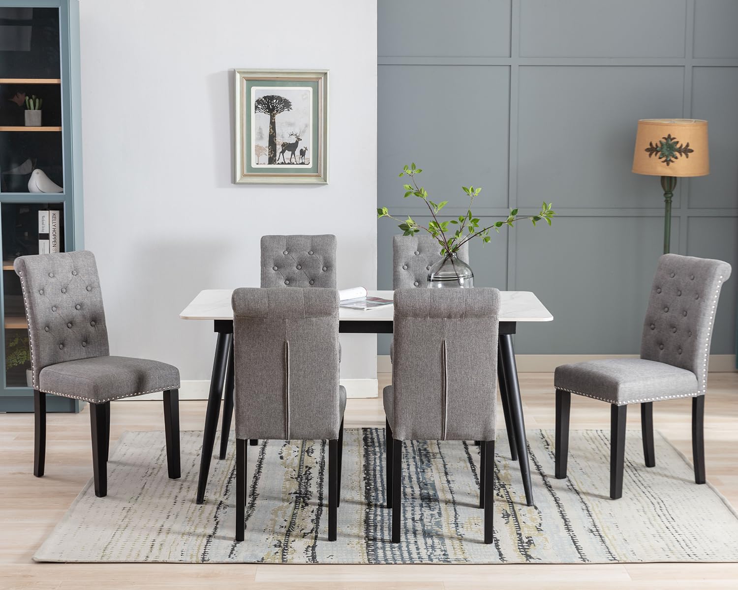 KCC Dining Chairs Set of 4 - Modern Armless Chairs, Upholstered Tufted High Back Kitchen Chairs with Black Legs for Dining Room, Gray