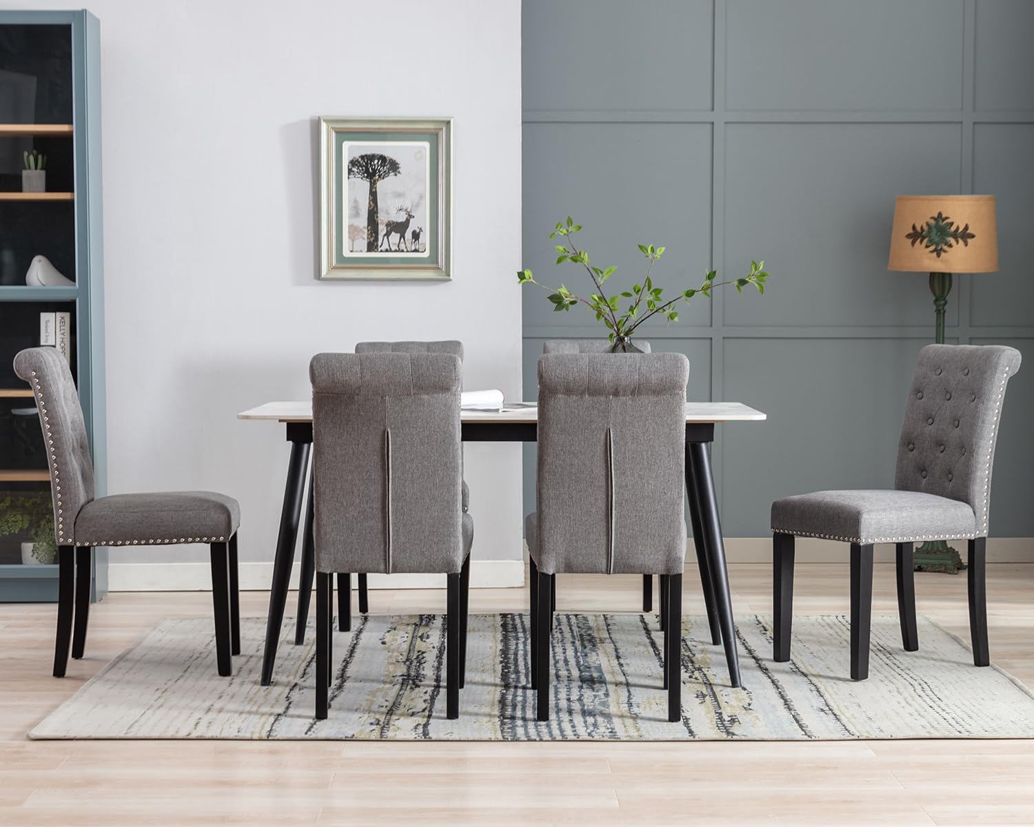 KCC Dining Chairs Set of 4 - Modern Armless Chairs, Upholstered Tufted High Back Kitchen Chairs with Black Legs for Dining Room, Gray