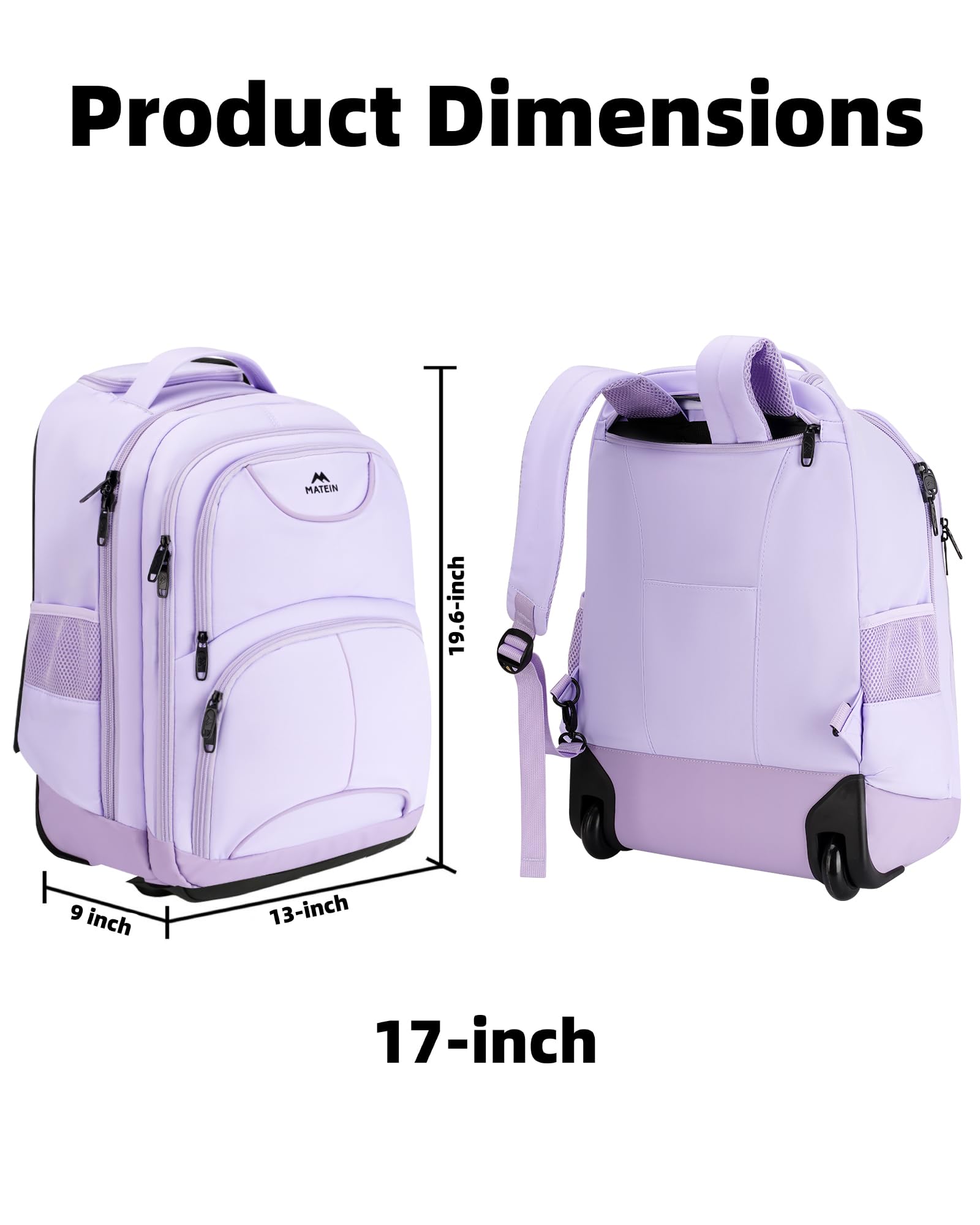 MATEIN Rolling Backpack for Women, 17 Inch Travel Laptop Backpacks with Wheels, Waterproof Large Roller Carry On Luggage Wheeled Backpack, Trolley Overnight Suitcase Business Computer Bag, Purple