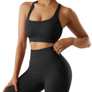 OMKAGI Women Ribbed Workout Sets Seamless Strappy Sport Bra Butt Lifting Leggings Outfits(S,04-Black)