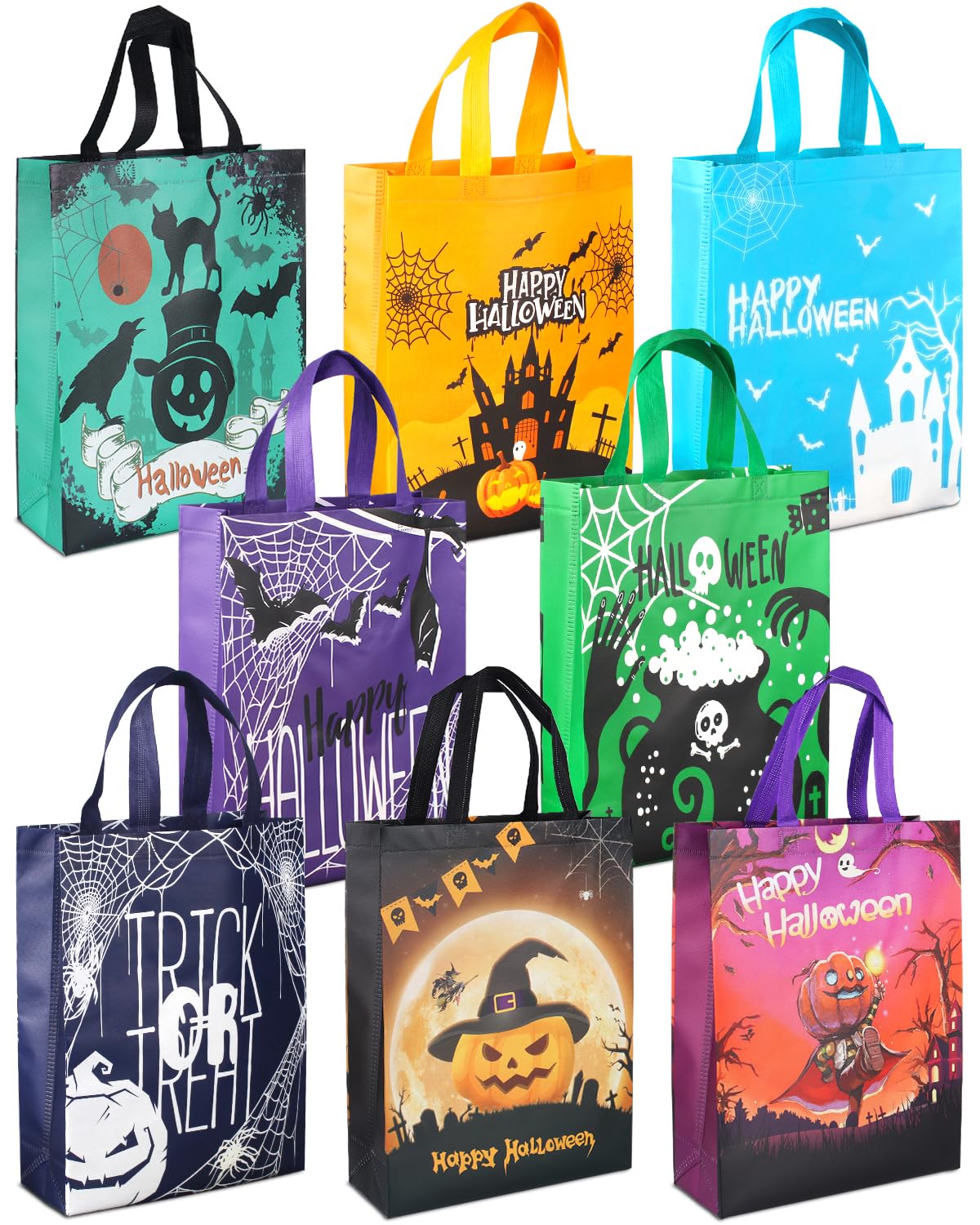 PARSUP 8PCS Halloween Trick or Treat Bags,Halloween Tote Bags with Handles, Gift Bags, Non-Woven Halloween Bags for Gifts Wrapping, Trick or Treat, Halloween Party Supplies, 15"×11.8"×3.9"