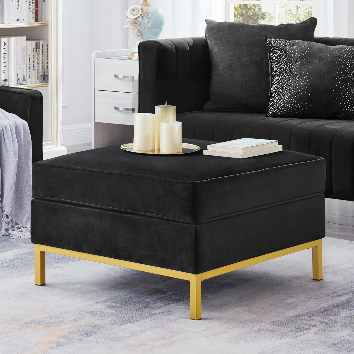 24KF Mid-Century Modern Upholstered Square Sofa Ottoman Couch Ottoman, upholstered Velvet Padded Cushion Coffee Table Ottoman,Large Footrest Ottoman for Sofa Couch-Black