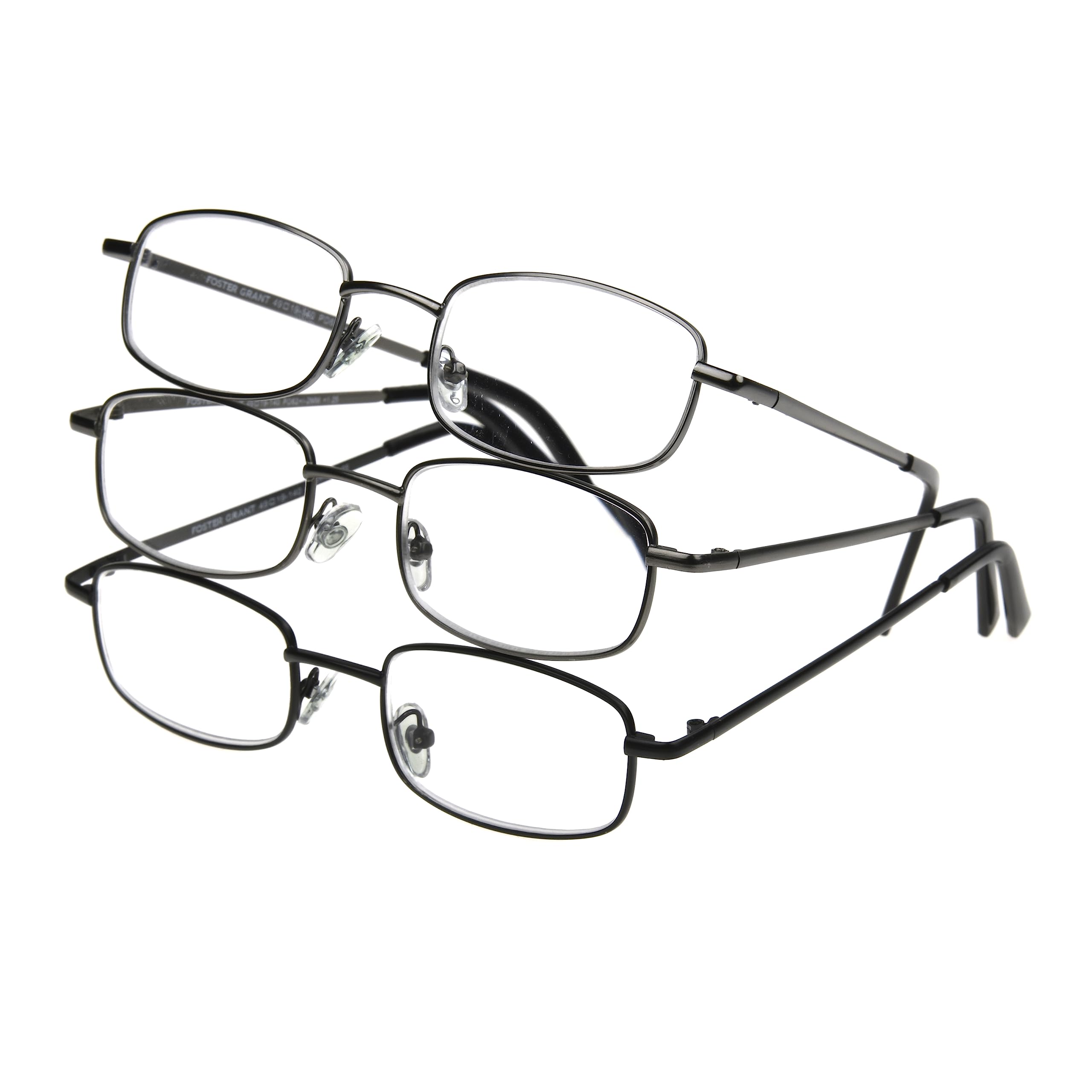 Foster Grant Men's Council Rectangular Reading Glasses, Gunmetal and Black, 3 Pack, 2.75x