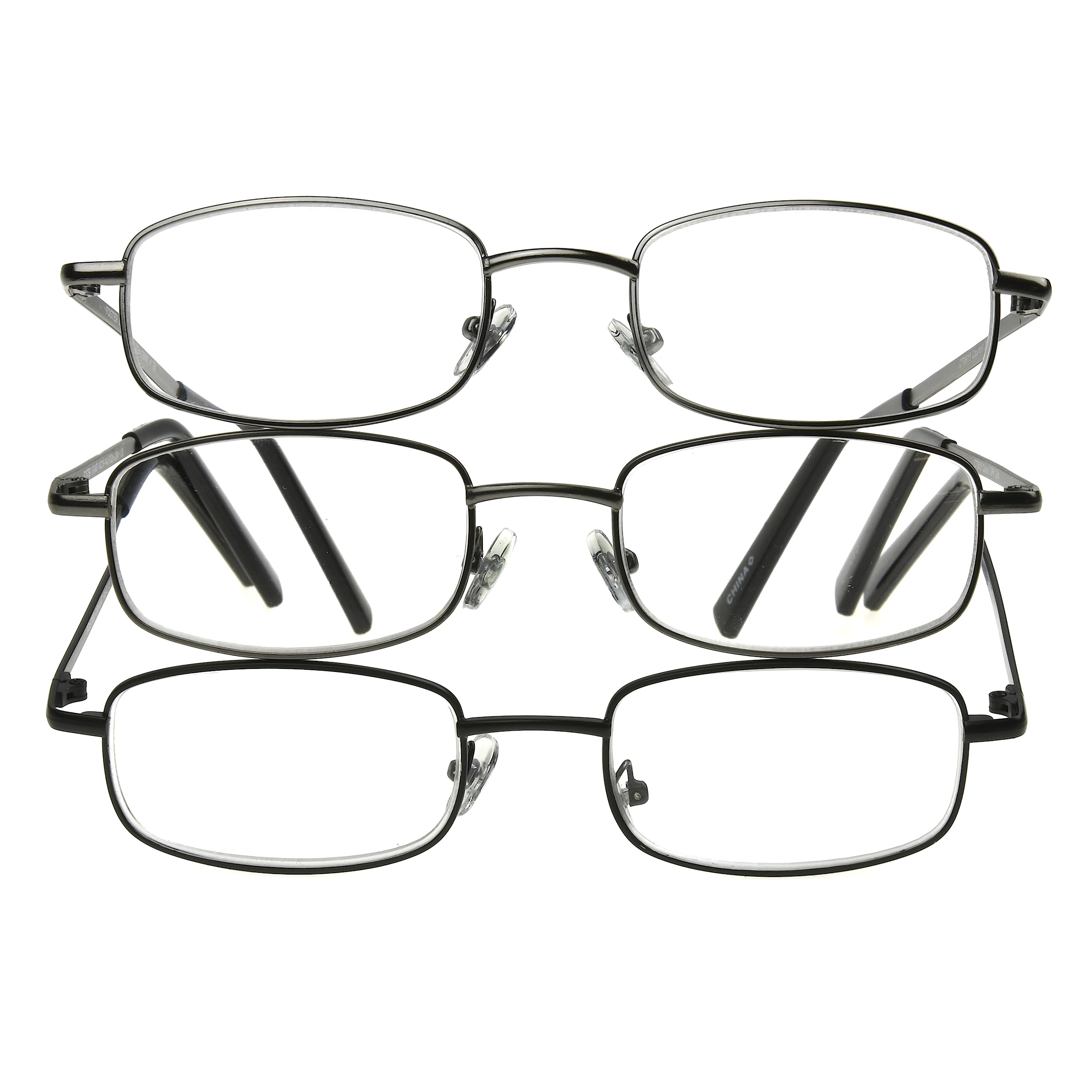 Foster Grant Men's Council Rectangular Reading Glasses, Gunmetal and Black, 3 Pack, 1.5x