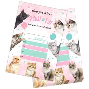 TFCIATE Cute Pet Cat Birthday Party Invitation Cards, 20 Double-Sided Birthday Fill-in Invitation with Envelopes, Let's Paw-Ty Kitty Cats Party Favors Supplies For Kids，Boys and Girls - A026