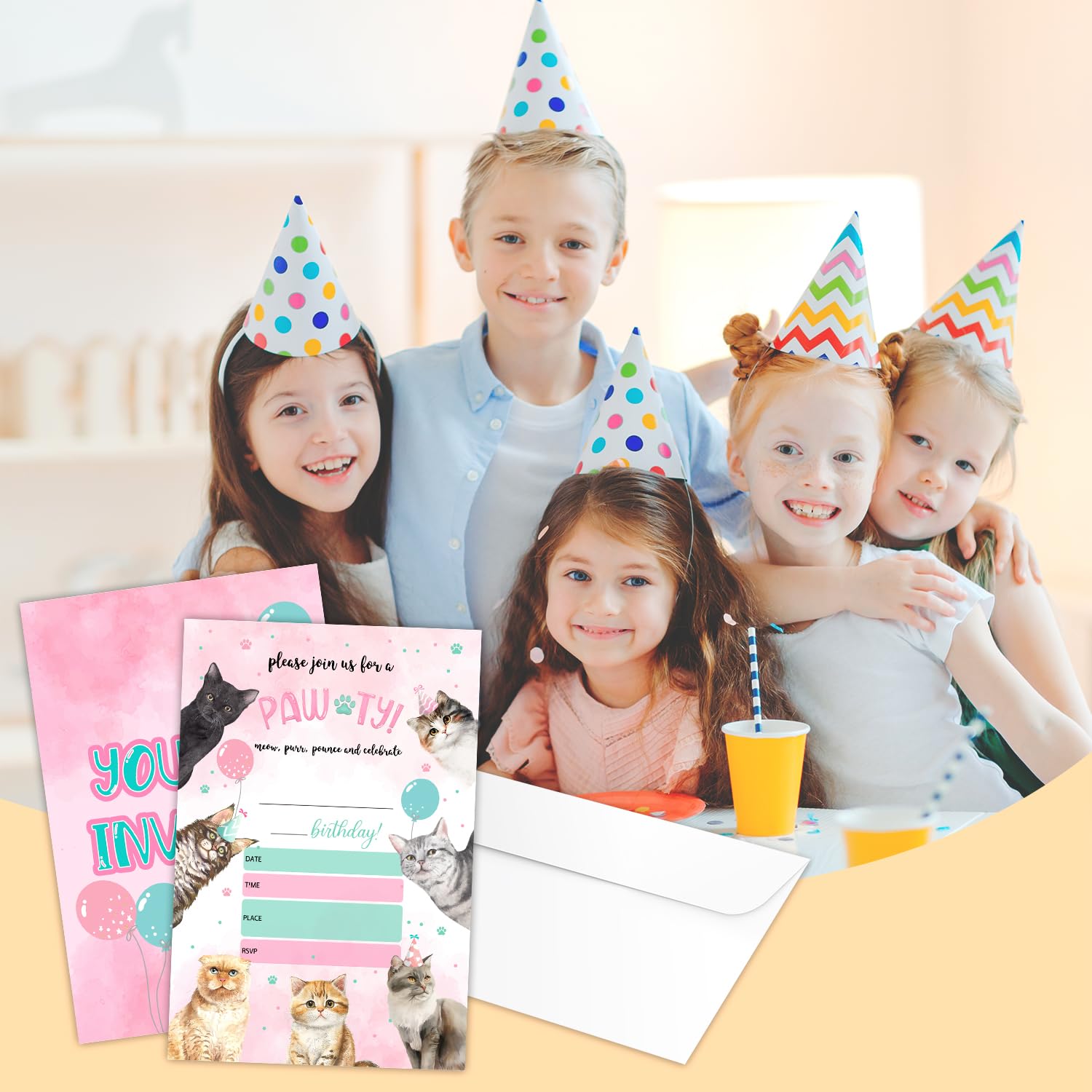 TFCIATE Cute Pet Cat Birthday Party Invitation Cards, 20 Double-Sided Birthday Fill-in Invitation with Envelopes, Let's Paw-Ty Kitty Cats Party Favors Supplies For Kids，Boys and Girls - A026