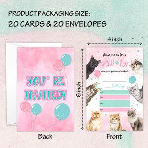 TFCIATE Cute Pet Cat Birthday Party Invitation Cards, 20 Double-Sided Birthday Fill-in Invitation with Envelopes, Let's Paw-Ty Kitty Cats Party Favors Supplies For Kids，Boys and Girls - A026