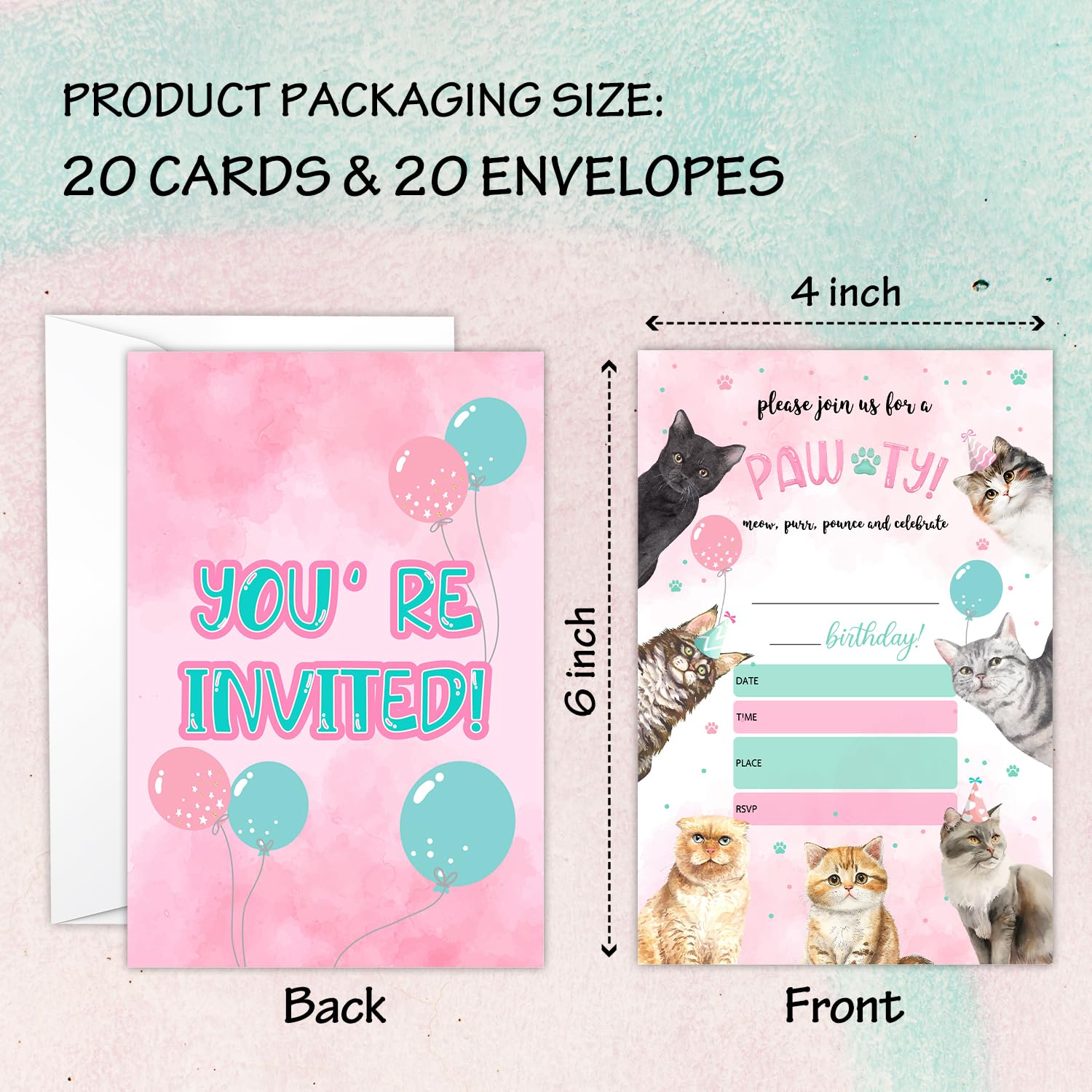 TFCIATE Cute Pet Cat Birthday Party Invitation Cards, 20 Double-Sided Birthday Fill-in Invitation with Envelopes, Let's Paw-Ty Kitty Cats Party Favors Supplies For Kids，Boys and Girls - A026