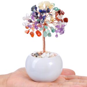 CrystalTears Chakra Crystal Tree Natural 7 Chakra Healing Crystal Gemstone Money Tree Feng Shui Stone Tree Life Ornament for Home Office Decor Wealth Good Luck Crystal Gift for Mom Mothers Day