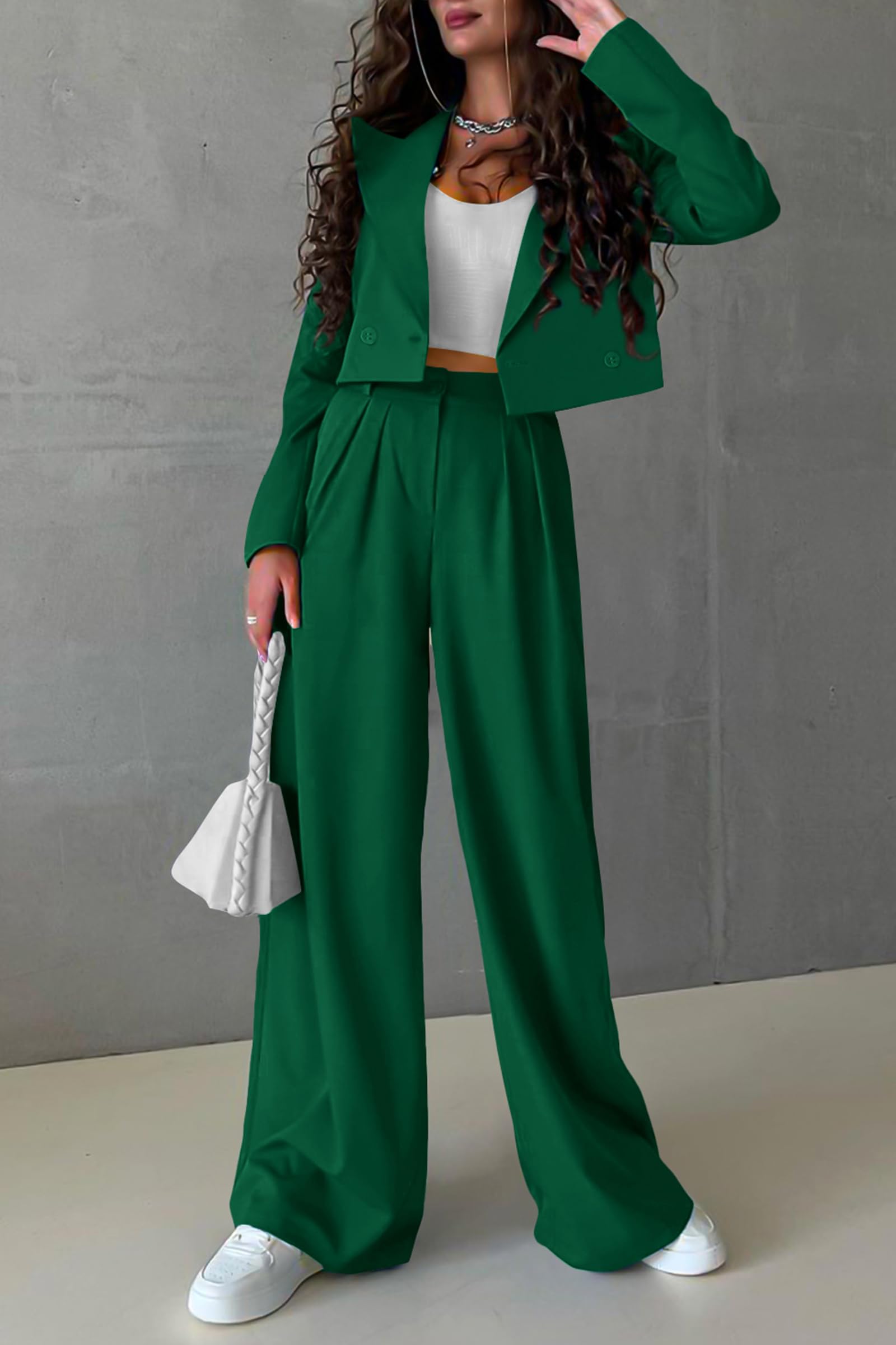 PRETTYGARDEN Women's 2 Piece Casual Outfits Cropped Blazer Jackets High Waisted Wide Leg Work Pants Suit Set (Green,Large)