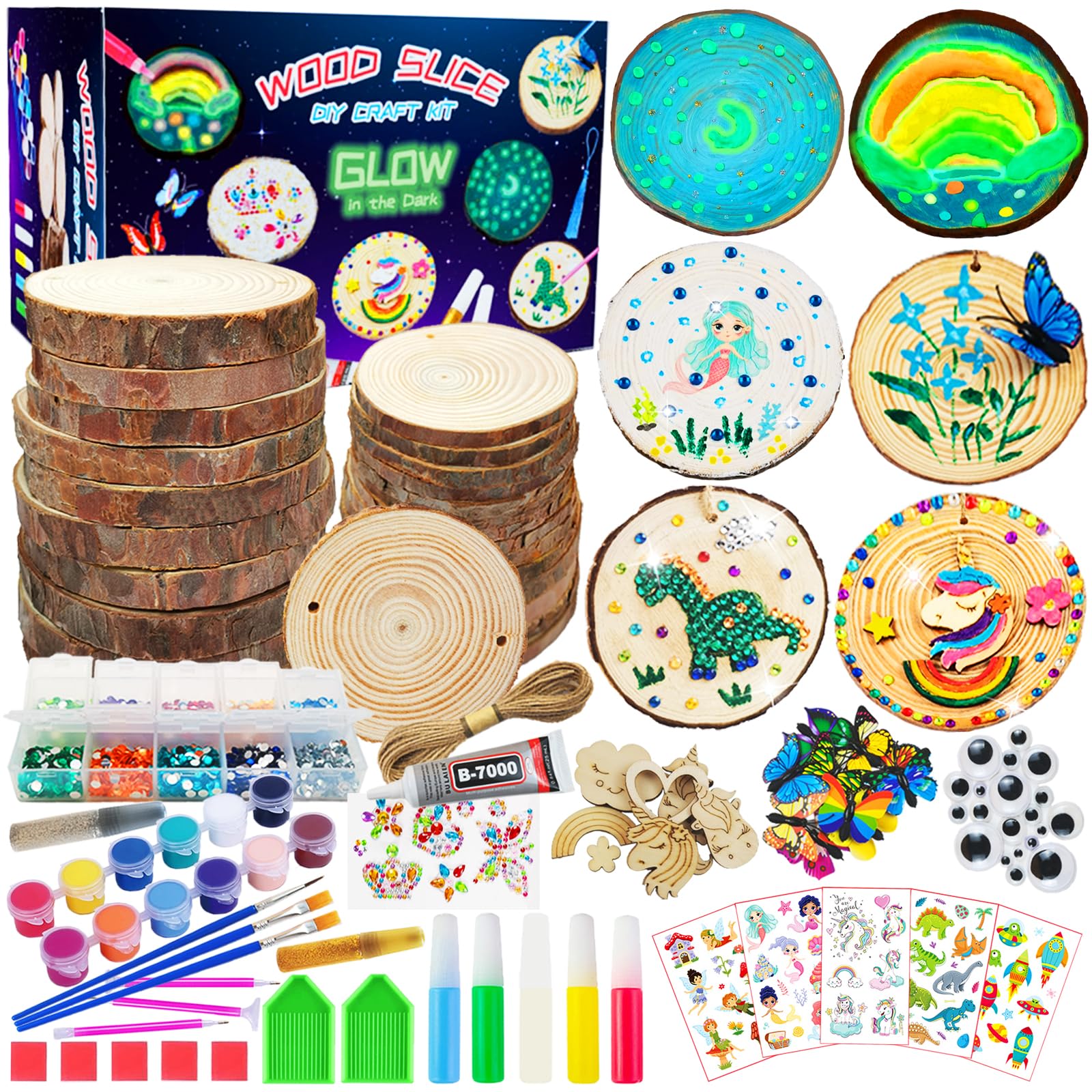 Wooden Crafts Kit for Kids - Glow in the Dark - Arts & Crafts Gifts for Boys Girls Age 6-12, 24 Wood Slices with Painting Craft Activities Kits, Creative Art Toys for 6 7 8 9 10 11 12 Year Old