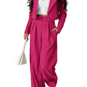 PRETTYGARDEN Women's 2 Piece Casual Outfits Cropped Blazer Jackets High Waisted Wide Leg Work Pants Suit Set (Rose Red,Large)