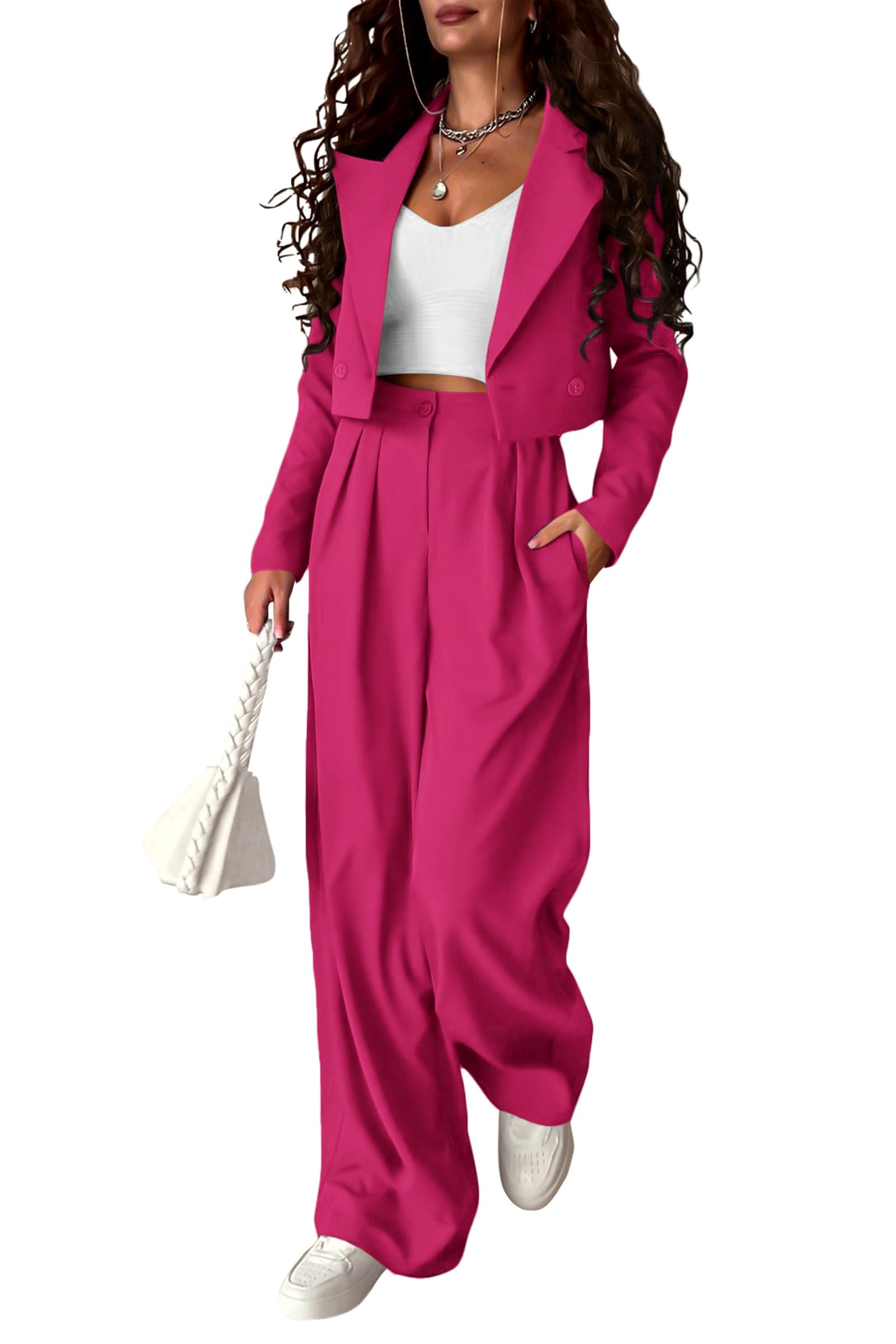 PRETTYGARDEN Women's 2 Piece Casual Outfits Cropped Blazer Jackets High Waisted Wide Leg Work Pants Suit Set (Rose Red,Large)